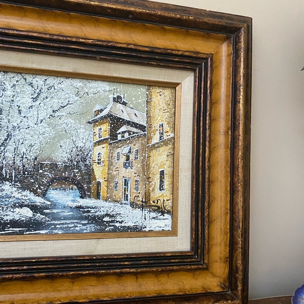 VTG Original Artist Signed Textured Oil on Canvas Painting “Winter City “ - Picture 2 of 9